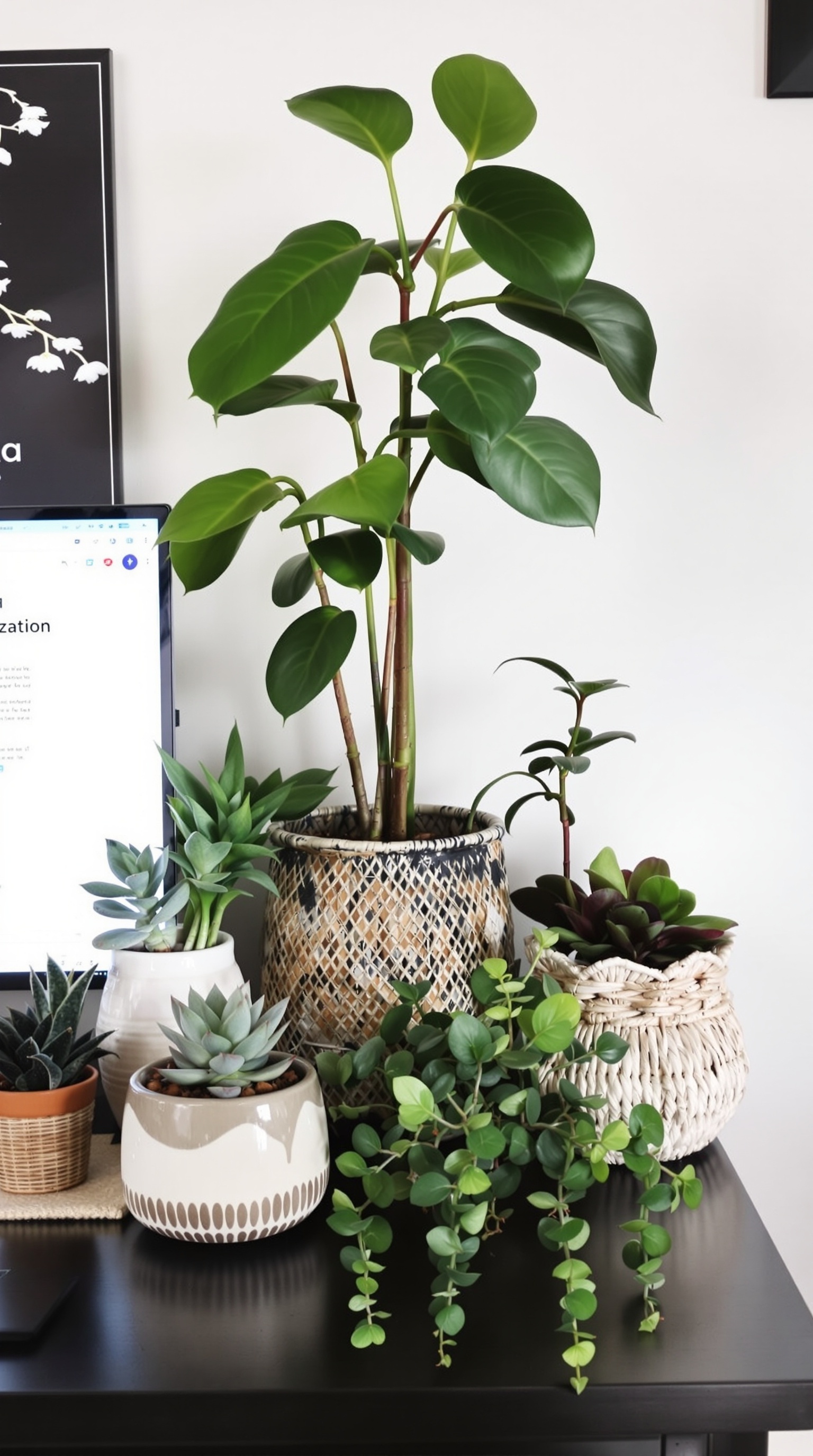 A stylish home office desk featuring various indoor plants, including a philodendron, succulents, and a hanging plant, creating a refreshing and vibrant atmosphere.