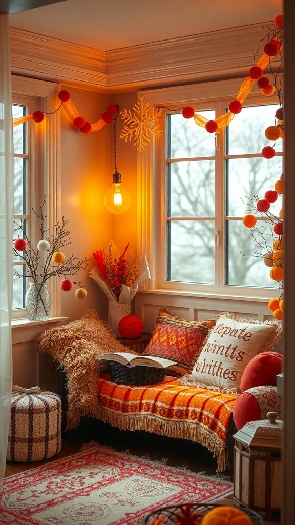 A cozy winter corner decorated with vibrant oranges and yellows, featuring a warm light, pom-pom garlands, and textured cushions.