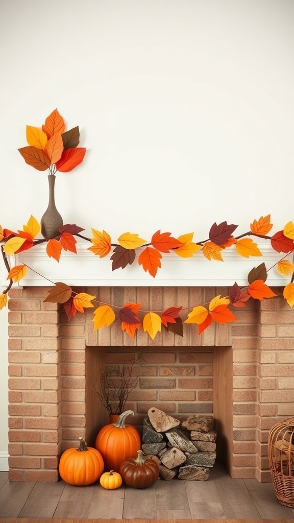 Colorful paper leaf garland hanging above a fireplace, with pumpkins and a vase of paper leaves below.