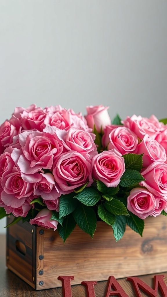 A beautiful arrangement of pink roses and hydrangeas in a wooden box