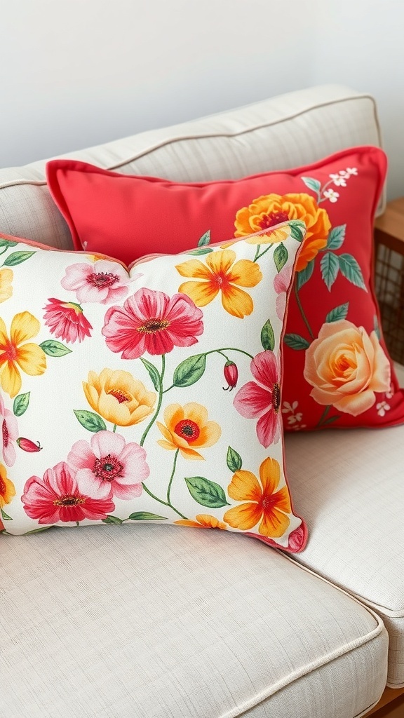 Colorful floral throw pillows on a neutral sofa