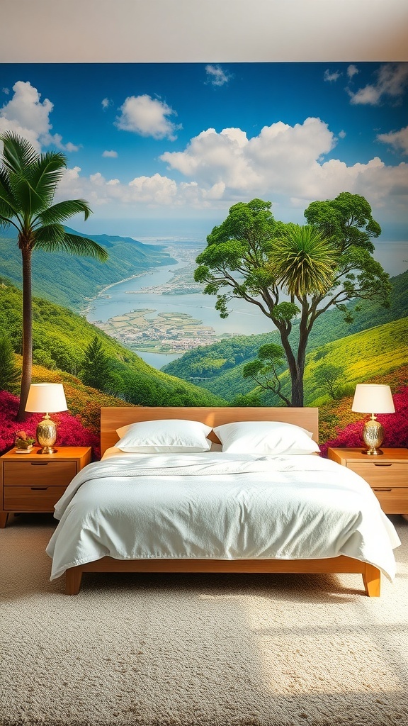 bedroom with a vibrant wall mural of a lush landscape