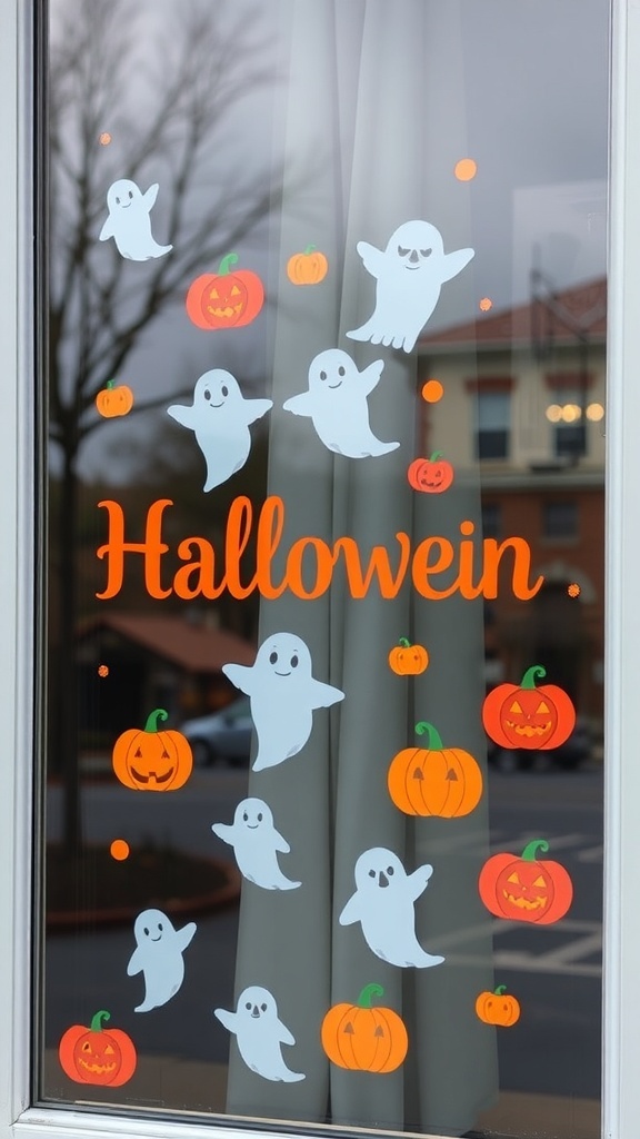Colorful Halloween window gel clings featuring ghosts and pumpkins