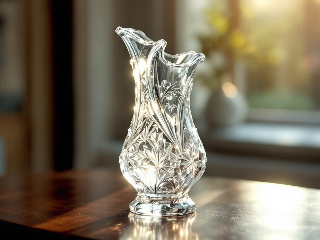 A beautifully crafted Victorian era glass vase with intricate floral designs, illuminated by soft light.