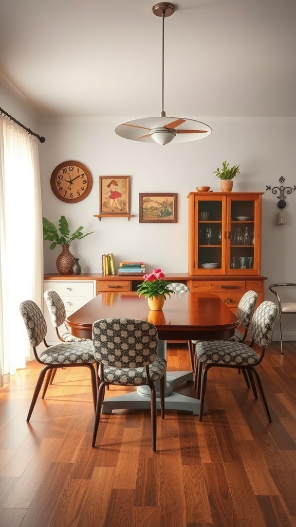 A cozy dining area featuring a wooden table, patterned chairs, and vintage decor.