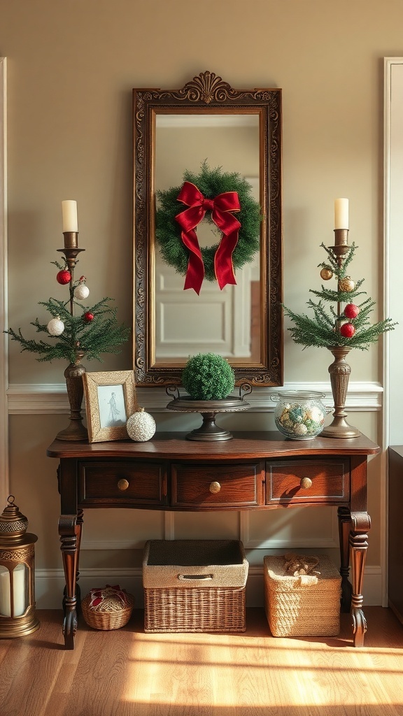 A vintage-inspired holiday entryway table with antique frames, brass accents, and nostalgic ornaments.