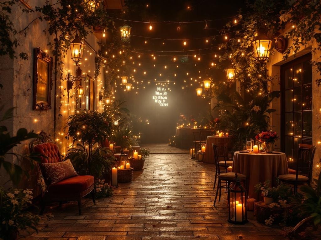 A beautifully lit courtyard with vintage lanterns, string lights, and candles, creating a warm and inviting atmosphere.
