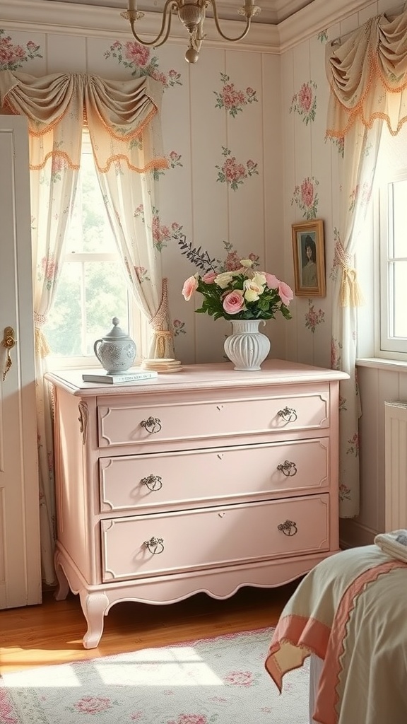 A vintage-inspired painted chest of drawers in a soft pink color, set against floral wallpaper with a vase of flowers on top.