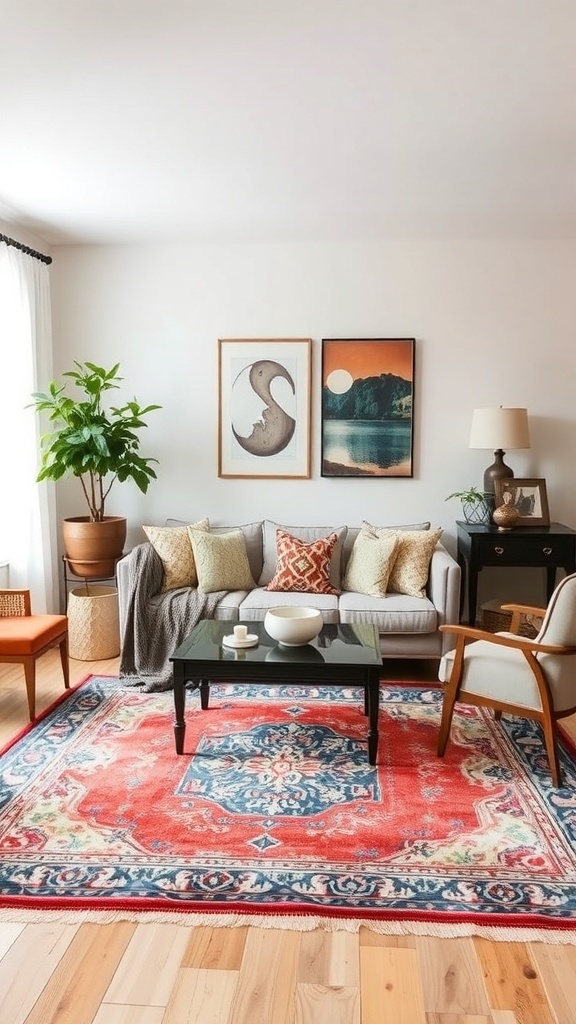 A cozy living room featuring a vintage-inspired rug with red and blue patterns, complemented by modern furniture and decor.