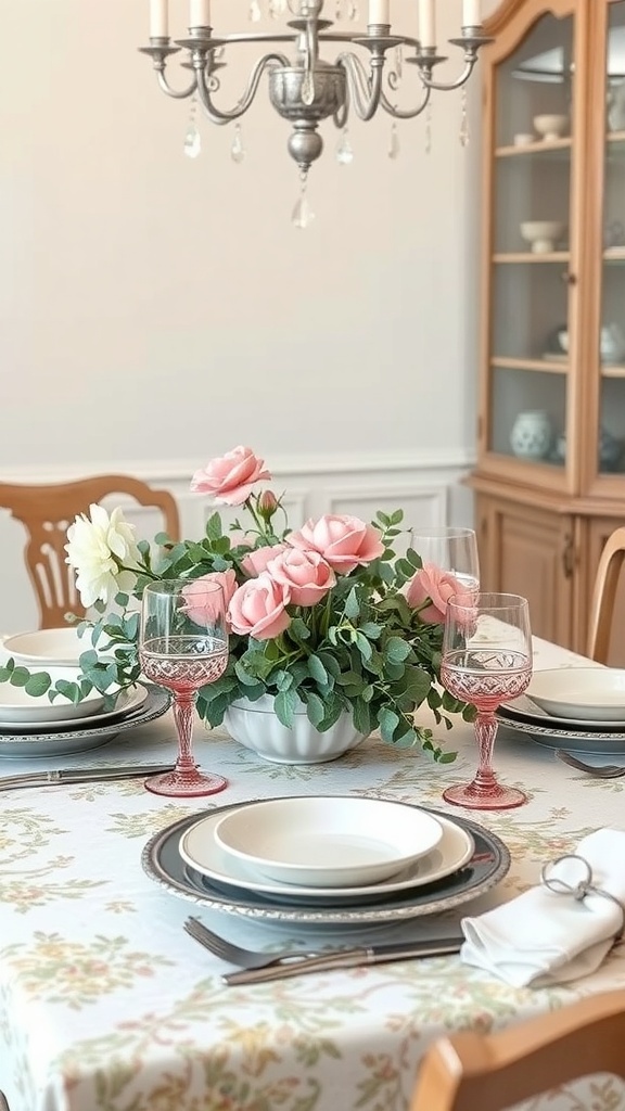A vintage-inspired kitchen table setting with pink roses, floral tablecloth, and elegant glassware.