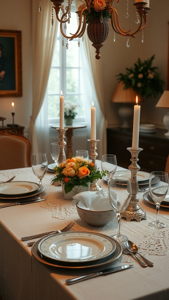 A beautifully set vintage-inspired Valentine table with antique plates, silver candlesticks, and a floral centerpiece.