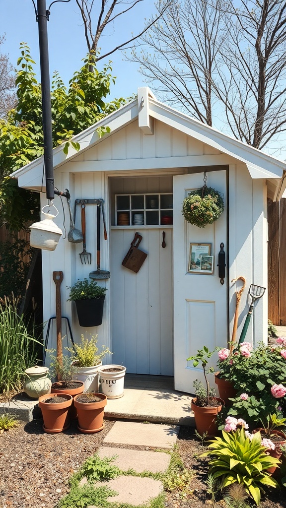 A vintage-style white potting shed with potted plants and gardening tools.