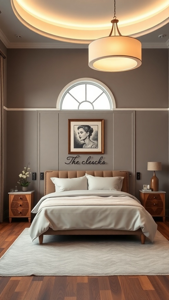 A stylish bedroom featuring a blend of vintage and modern design elements, including a large headboard, mid-century nightstands, and warm color tones.