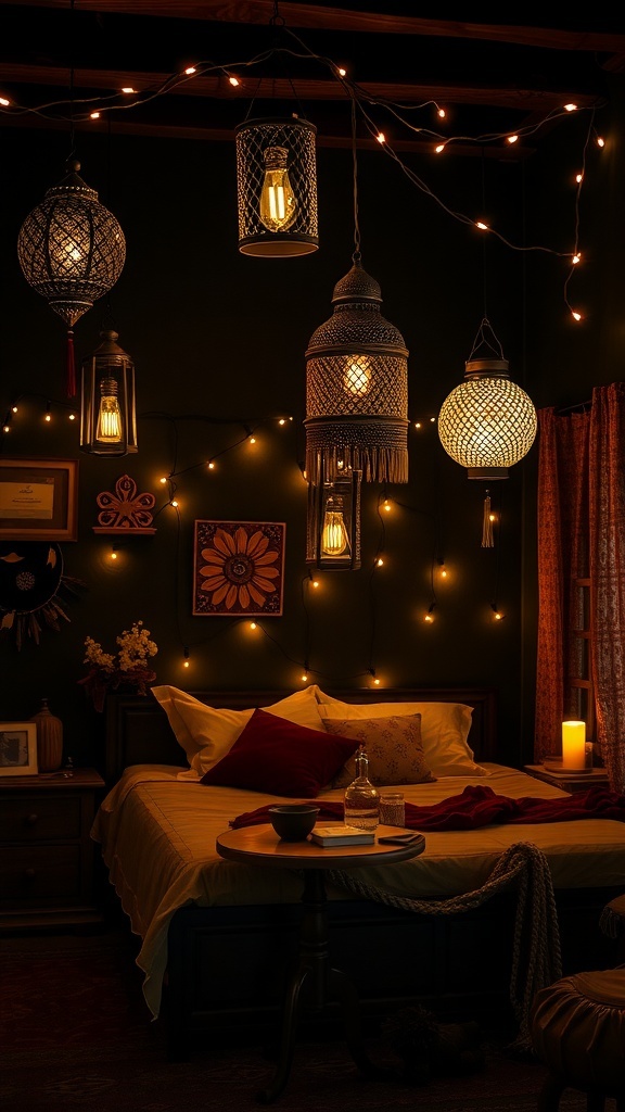 A dark boho bedroom featuring vintage lanterns and string lights for cozy lighting.