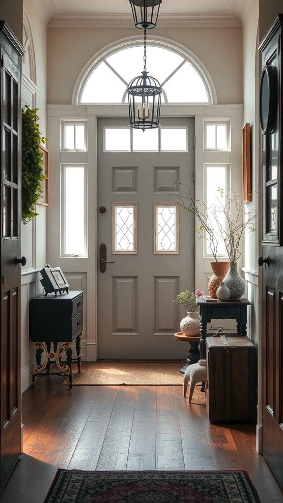 A vintage-inspired entryway with a gray door, lantern, and decorative vases.