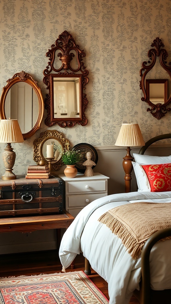 A cozy bedroom featuring vintage mirrors, a wooden trunk, soft textures, and warm colors.