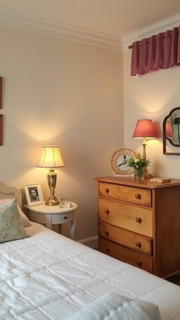 A cozy vintage-inspired bedroom with warm lighting, wooden furniture, and floral accents.