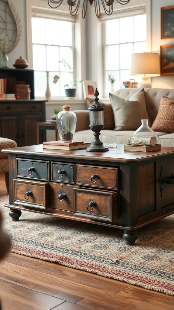 Vintage apothecary-style storage coffee table with multiple drawers in a cozy living room setting.