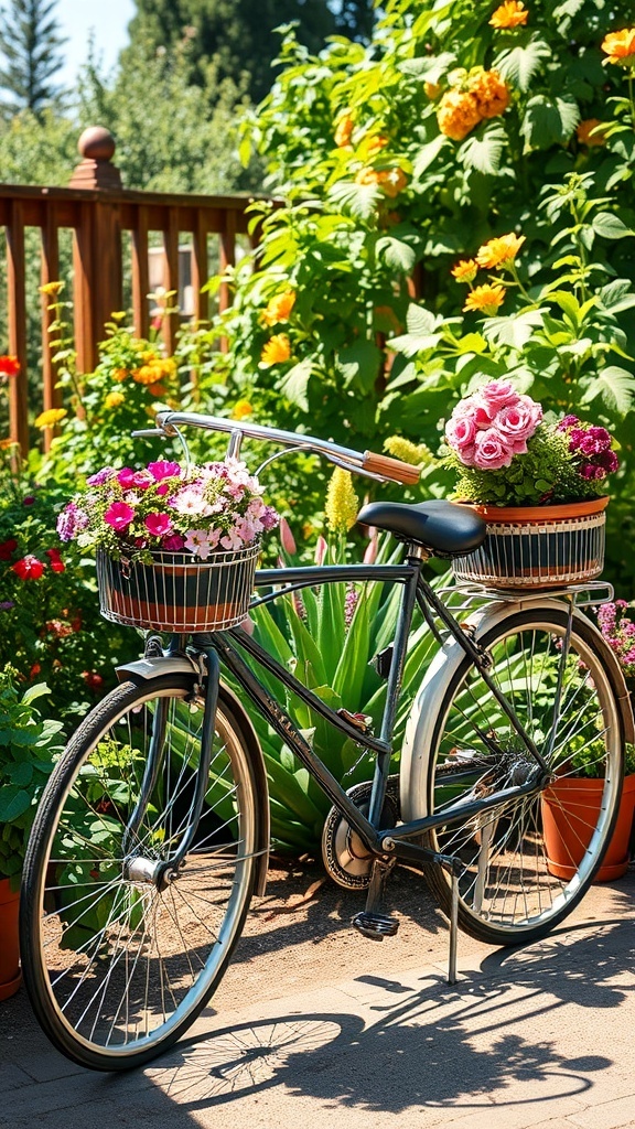A vintage bicycle with flower baskets filled with colorful flowers, set against a vibrant garden backdrop.