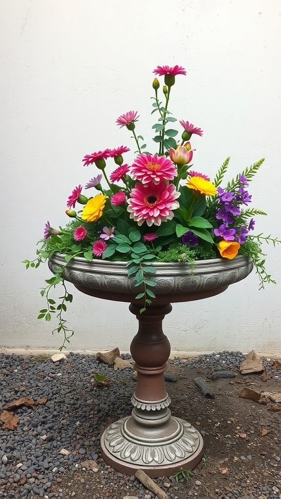A vintage birdbath repurposed as a planter filled with colorful flowers.