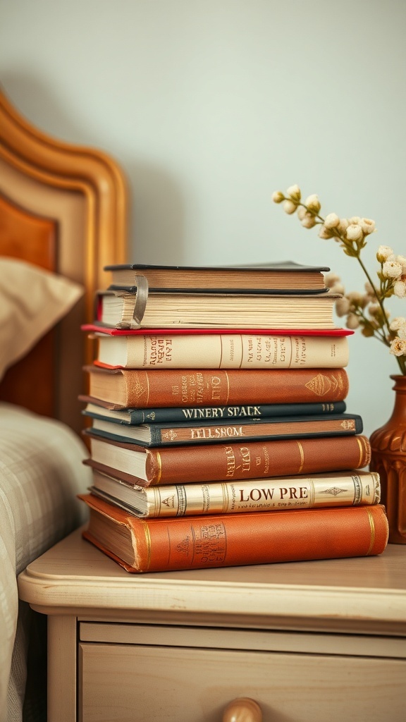 A stack of vintage books on a nightstand with a small vase of dried flowers