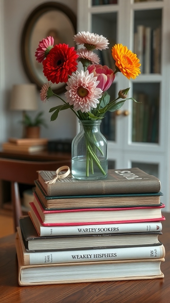 A stack of vintage books topped with a vase of fresh flowers, creating a cozy dining table centerpiece.