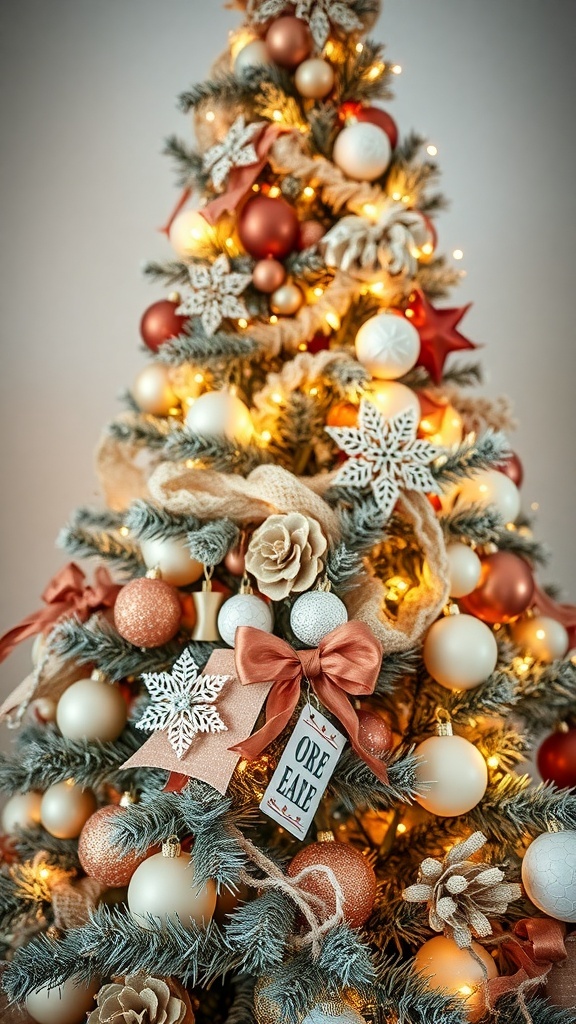 A beautifully decorated Christmas tree featuring vintage brown and cream ornaments, ribbons, and natural elements.