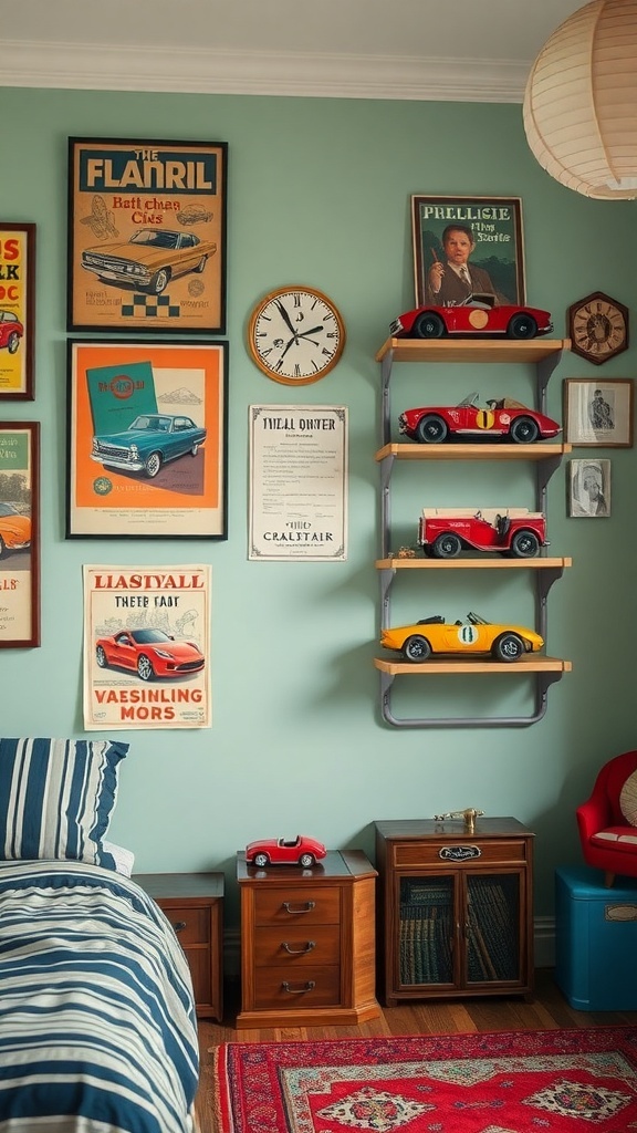 A boy's room decorated with vintage car posters and toy cars on shelves.