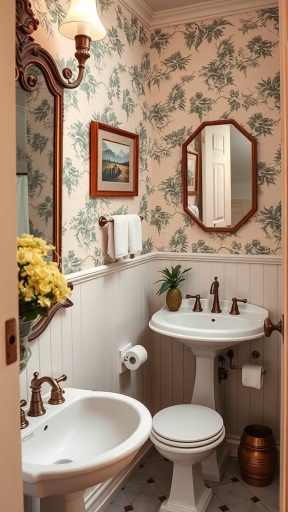 A vintage-style powder room featuring floral wallpaper, bronze fixtures, and elegant decor.