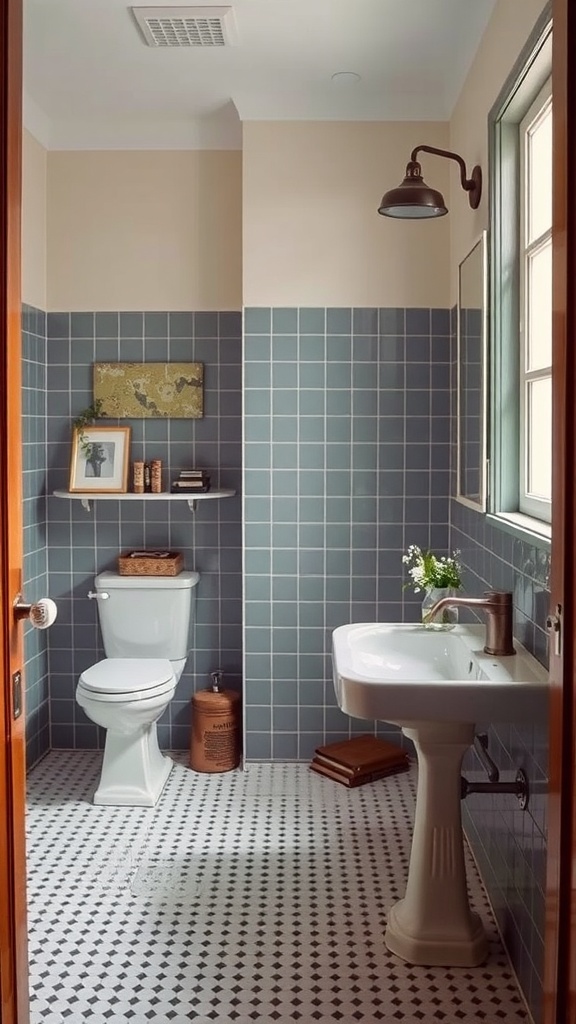 A vintage-style bathroom with green tiles, a white sink, and a cozy atmosphere.