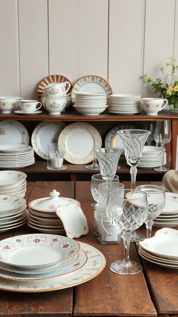 A collection of vintage china and cut glassware displayed on a wooden table.