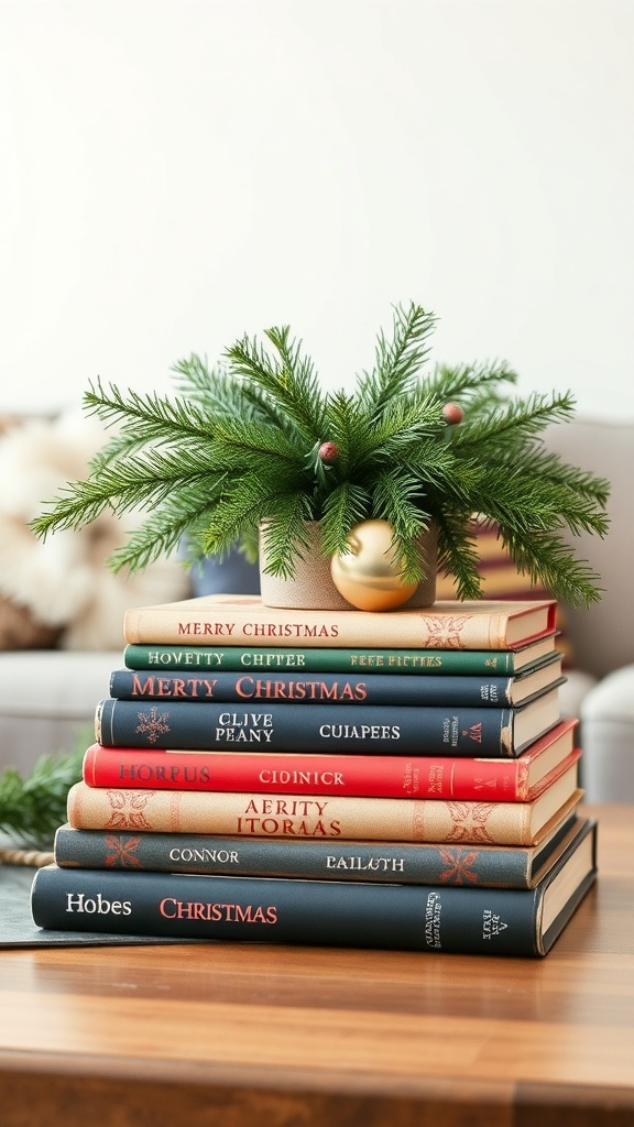 A stack of vintage Christmas books topped with greenery and ornaments, creating a cozy holiday decor piece.