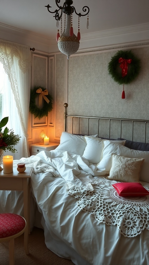 A cozy bedroom decorated for Christmas with vintage elements, featuring wreaths, soft bedding, and warm lighting.