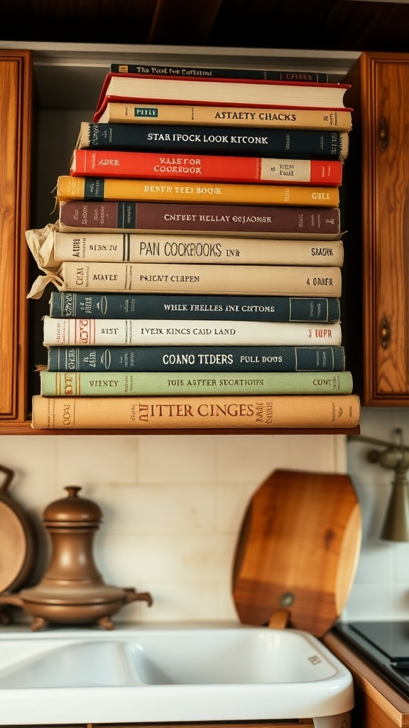 A stack of vintage cookbooks displayed above a kitchen cabinet.