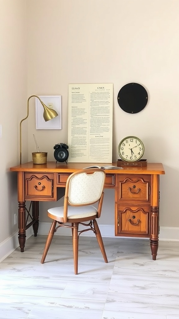 A vintage corner desk with a modern lamp and a stylish chair, set against a neutral wall.