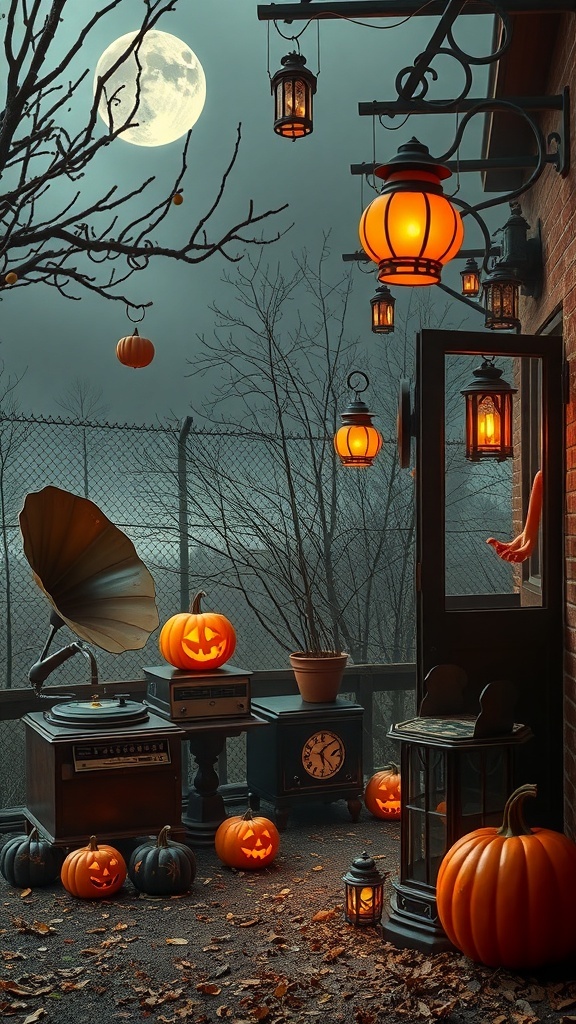 A vintage Halloween decor setup with phonographs, lanterns, and carved pumpkins.