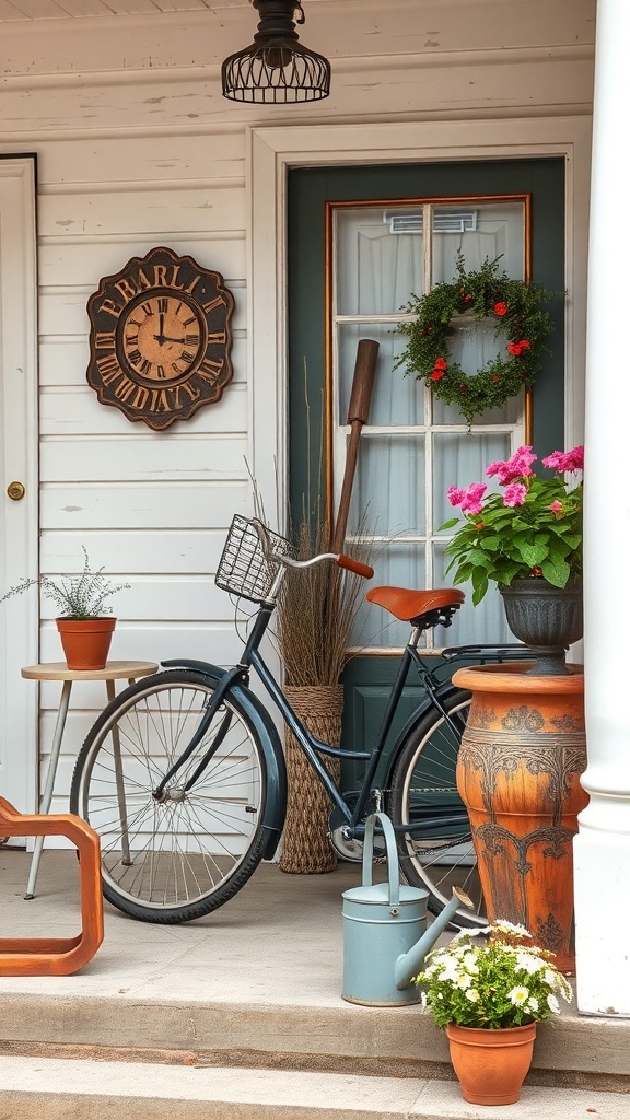 A vintage-themed front porch with a bicycle, potted plants, a wooden table, and a wall clock.