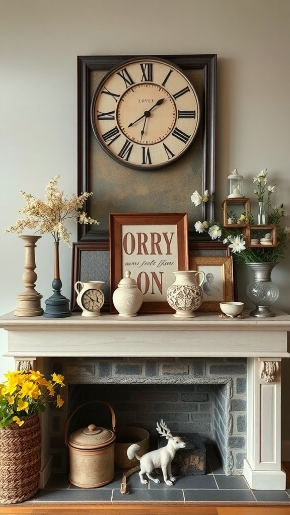 A vintage-inspired mantel decorated with a large clock, pottery, framed art, and fresh flowers.