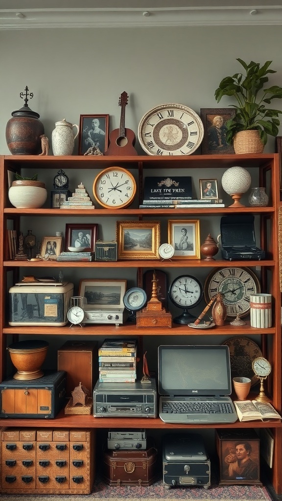 A vintage shelf filled with various decorative items, including clocks, books, and photographs.