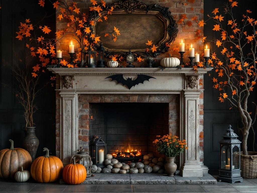 A vintage Halloween fireplace mantel decorated with pumpkins, lanterns, and autumn leaves.