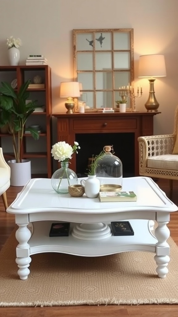 A stylish white coffee table with vintage design elements, placed in a cozy living room setting.