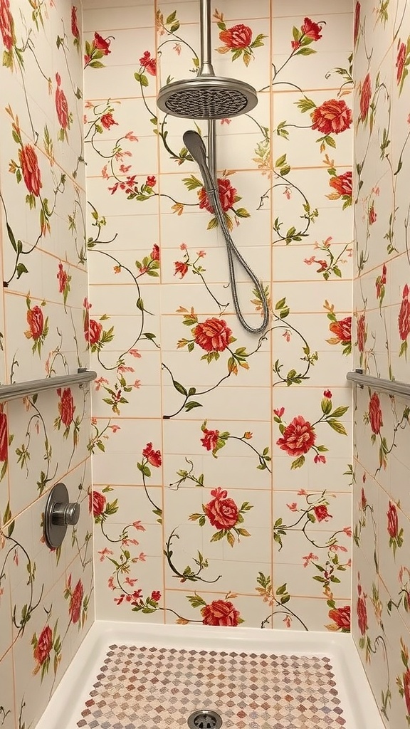 Shower with vintage floral tiles featuring roses and vines
