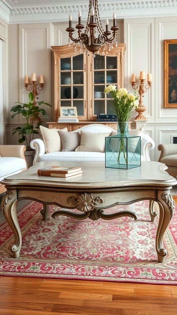 A vintage French provincial coffee table with ornate legs and a distressed finish, set in a cozy living room with a chandelier and decorative elements.