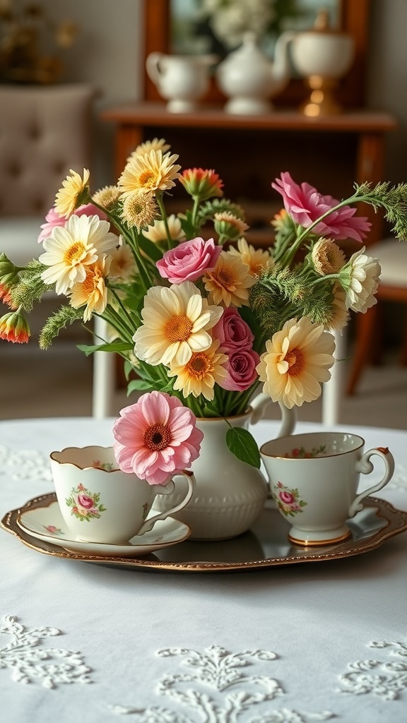 A vintage French teacup set with flowers arranged in a vase, creating a charming centerpiece.