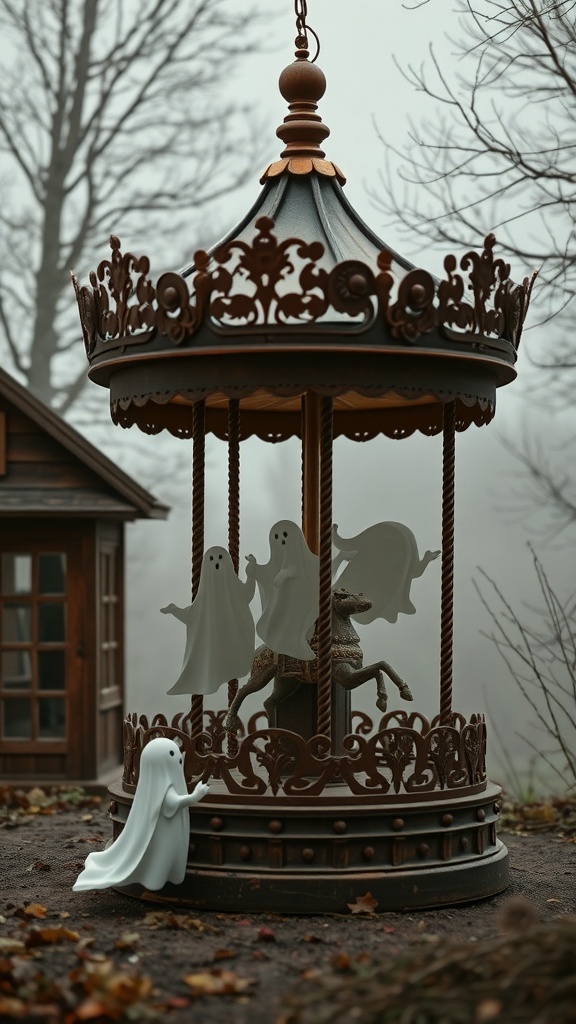 A vintage ghost lantern carousel with ghost figures spinning inside, set in a misty outdoor environment.