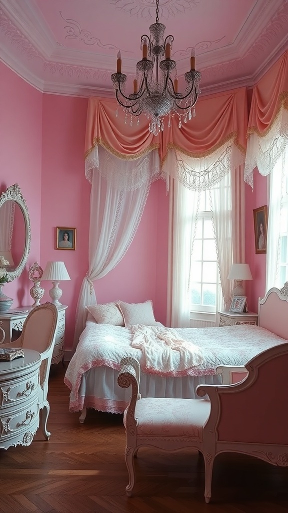 A vintage pink bedroom featuring elegant furniture, a chandelier, and soft drapes.