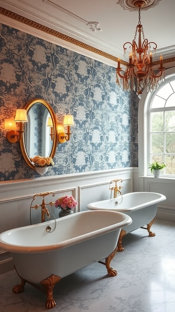 A vintage glamour master bathroom featuring blue and white wallpaper, double freestanding bathtubs with golden feet, a chandelier, and fresh flowers.