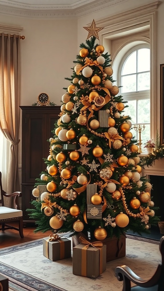 A beautifully decorated Christmas tree with gold ornaments, ribbons, and wrapped gifts in a cozy room.