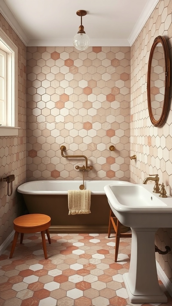 A bathroom featuring vintage hexagon tiles in soft peach and white, with a freestanding tub, brass fixtures, and a wooden stool.
