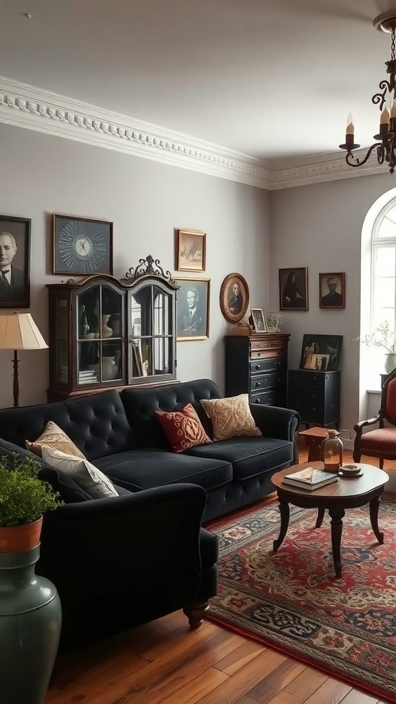 A vintage-inspired living room featuring a chic black sofa, ornate chandelier, framed portraits, and a colorful area rug.